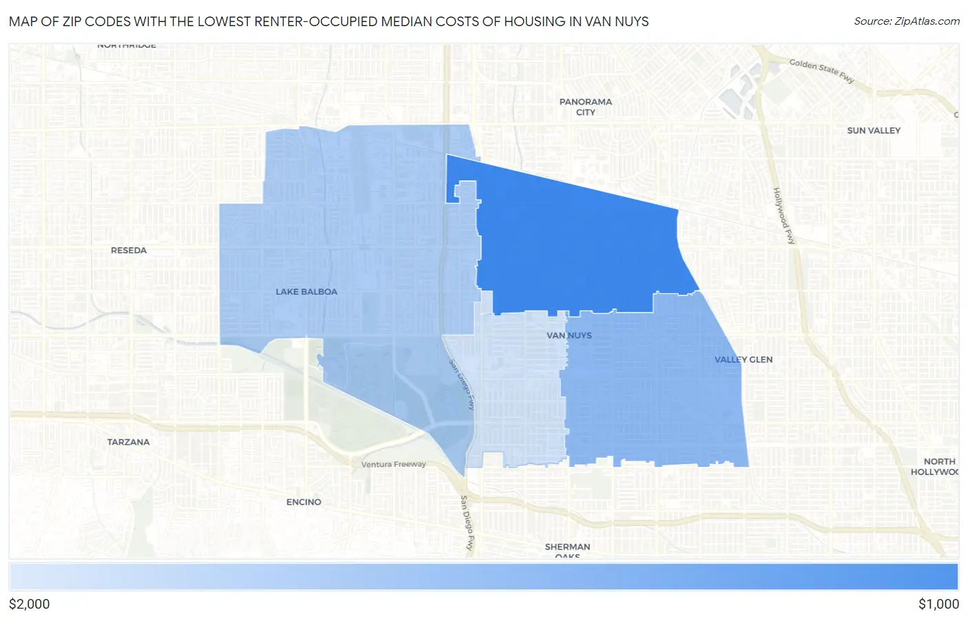 Zip Codes with the Lowest Renter-Occupied Median Costs of Housing in Van Nuys Map