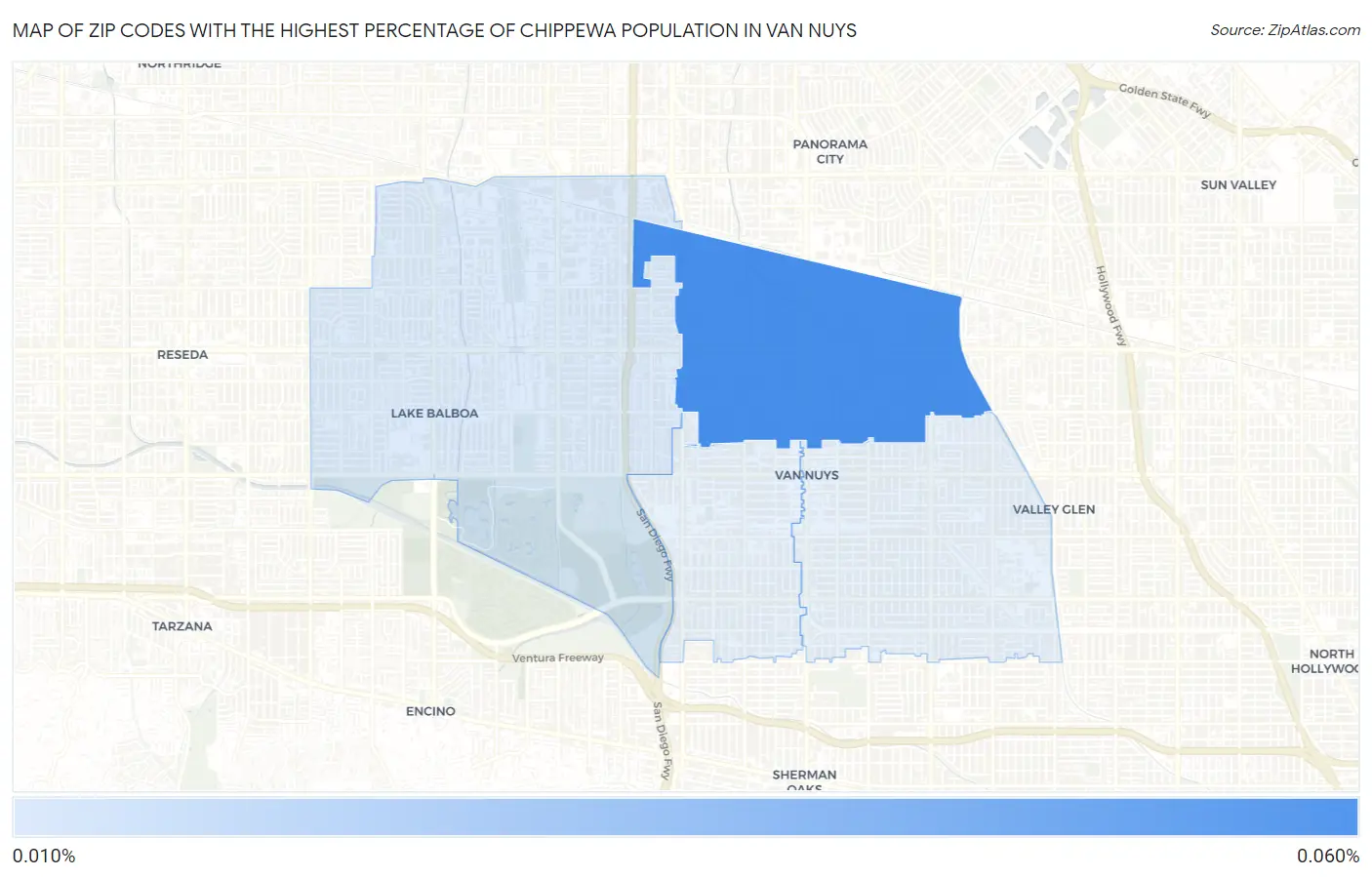 Zip Codes with the Highest Percentage of Chippewa Population in Van Nuys Map