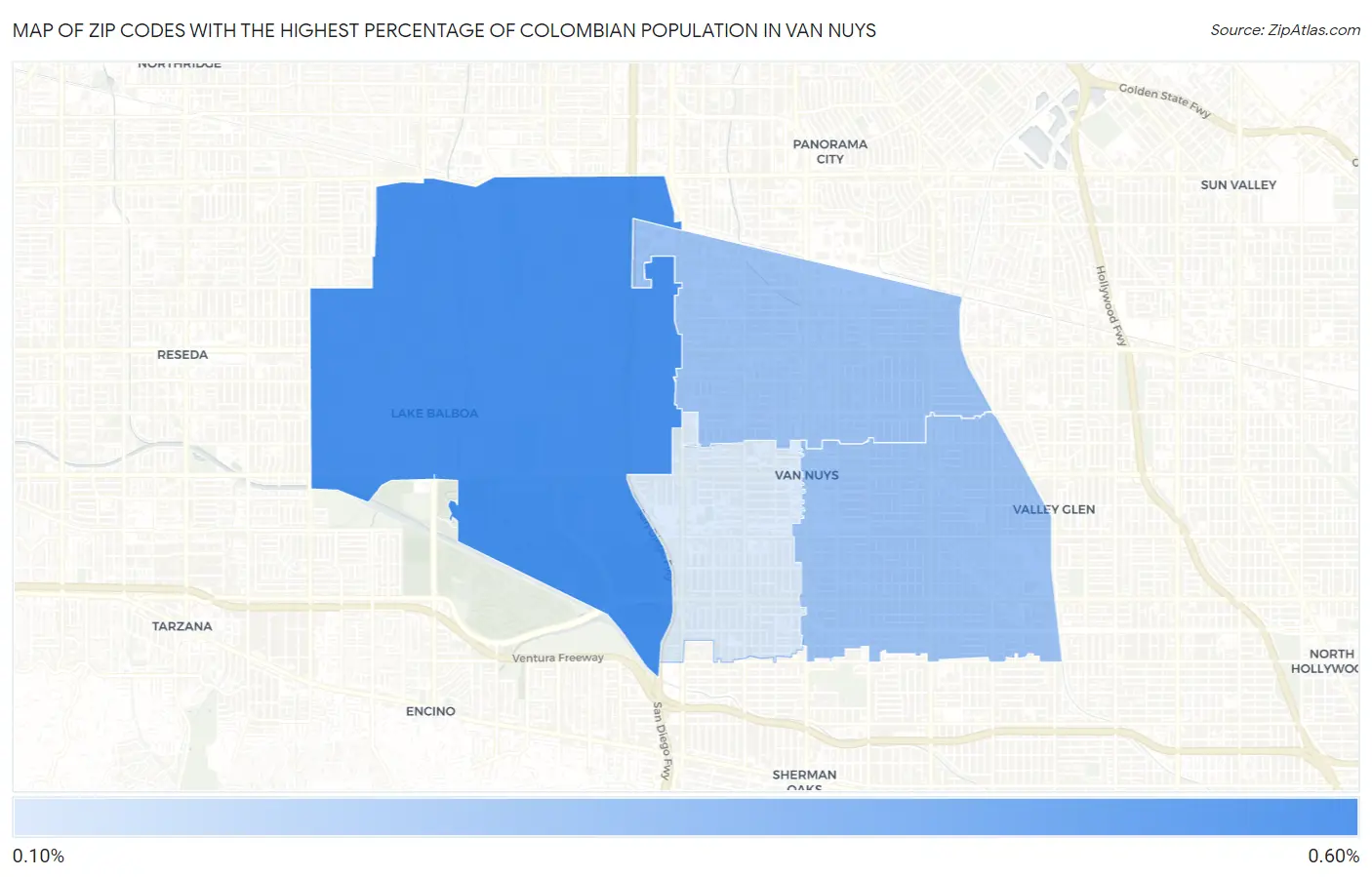 Zip Codes with the Highest Percentage of Colombian Population in Van Nuys Map
