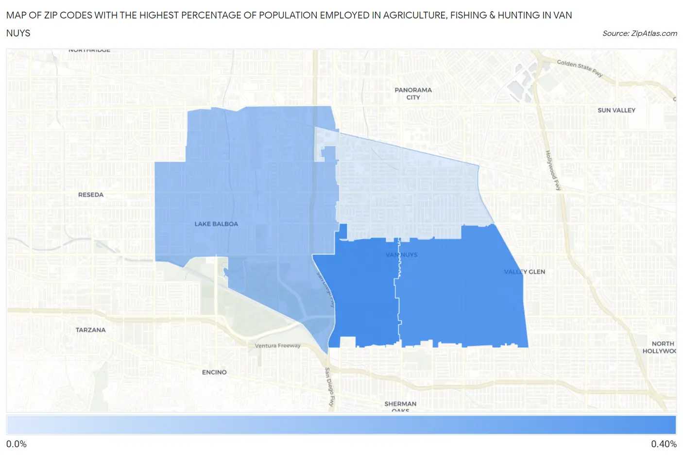 Zip Codes with the Highest Percentage of Population Employed in Agriculture, Fishing & Hunting in Van Nuys Map