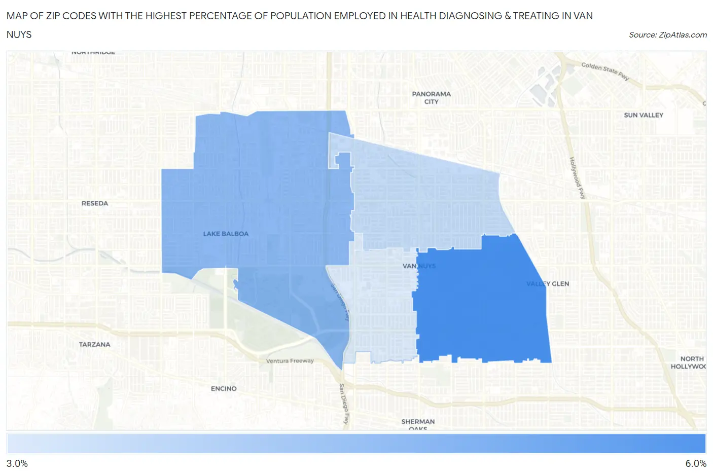 Zip Codes with the Highest Percentage of Population Employed in Health Diagnosing & Treating in Van Nuys Map
