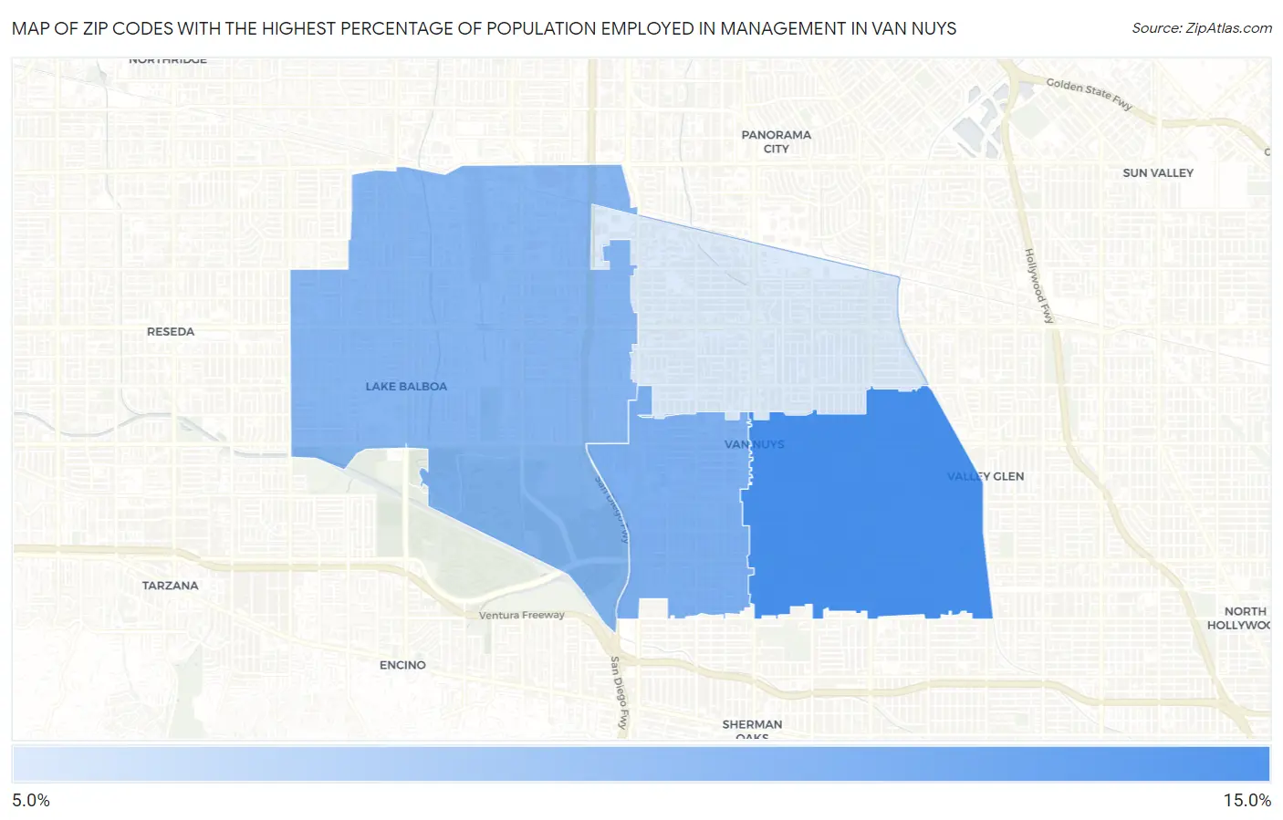 Zip Codes with the Highest Percentage of Population Employed in Management in Van Nuys Map