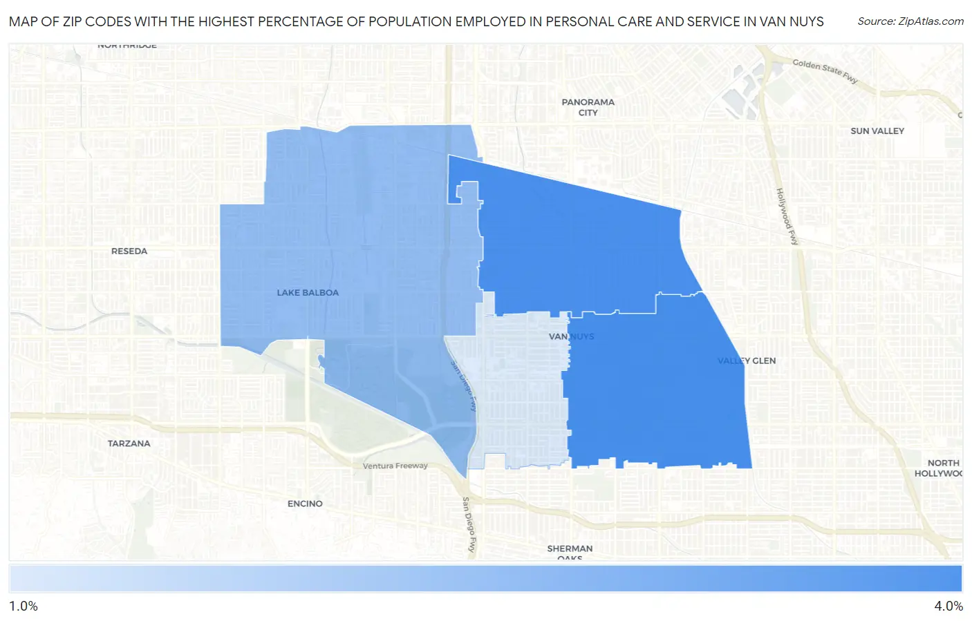 Zip Codes with the Highest Percentage of Population Employed in Personal Care and Service in Van Nuys Map