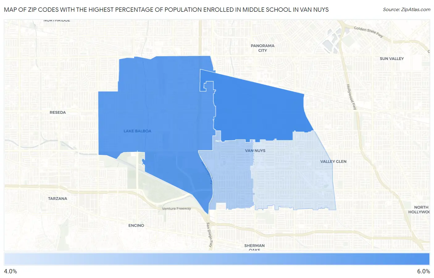 Zip Codes with the Highest Percentage of Population Enrolled in Middle School in Van Nuys Map