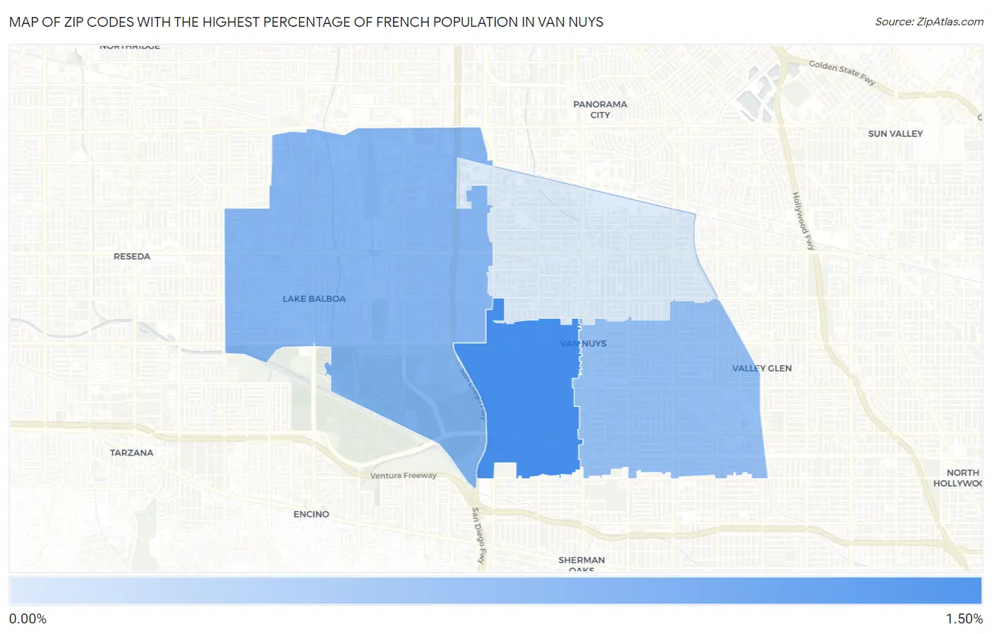 Zip Codes with the Highest Percentage of French Population in Van Nuys Map
