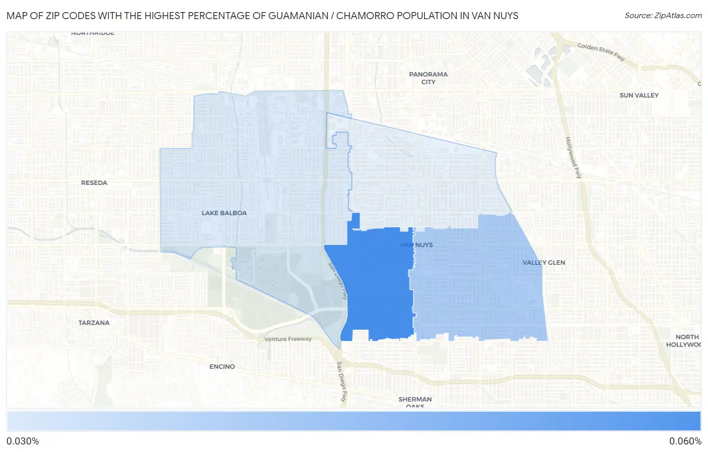 Zip Codes with the Highest Percentage of Guamanian / Chamorro Population in Van Nuys Map