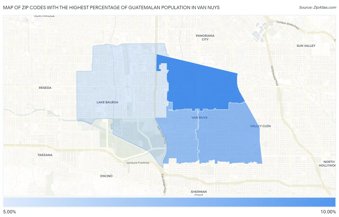 Zip Codes with the Highest Percentage of Guatemalan Population in Van Nuys Map