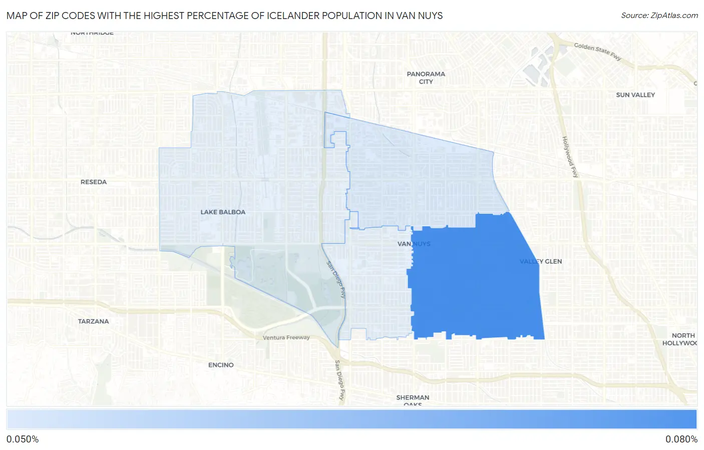Zip Codes with the Highest Percentage of Icelander Population in Van Nuys Map