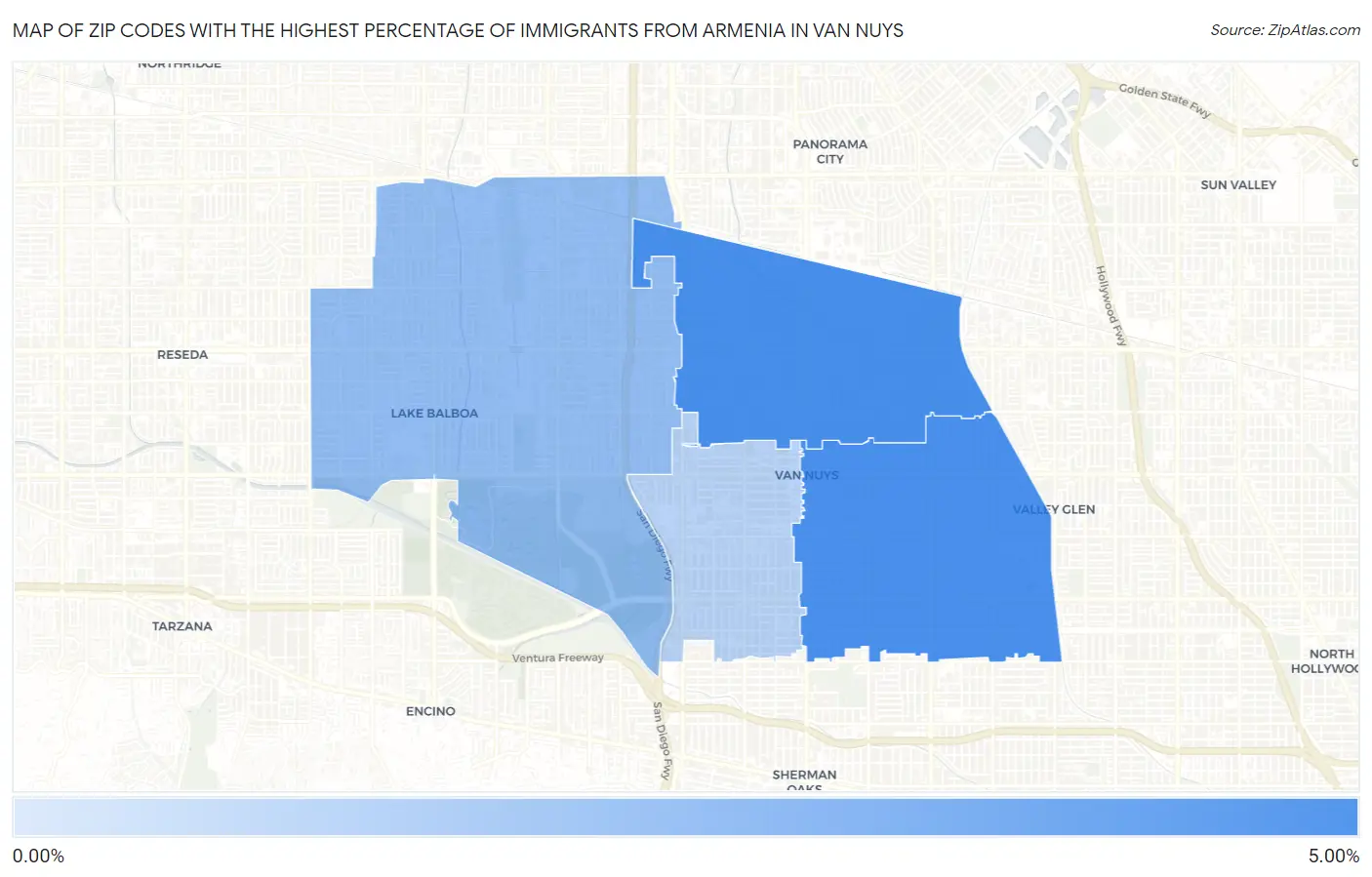 Zip Codes with the Highest Percentage of Immigrants from Armenia in Van Nuys Map