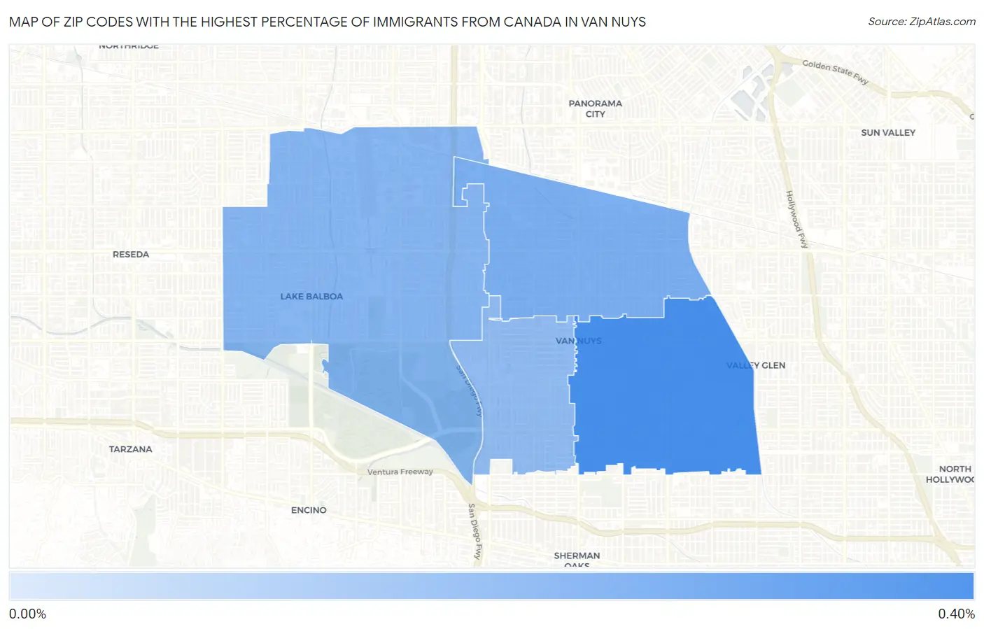 Zip Codes with the Highest Percentage of Immigrants from Canada in Van Nuys Map