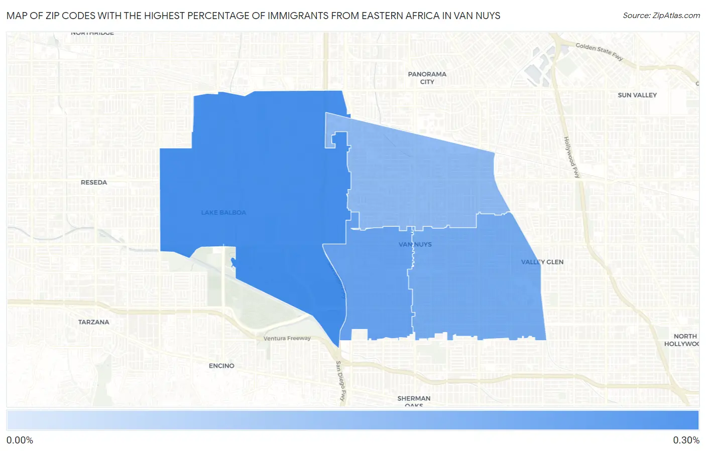 Zip Codes with the Highest Percentage of Immigrants from Eastern Africa in Van Nuys Map