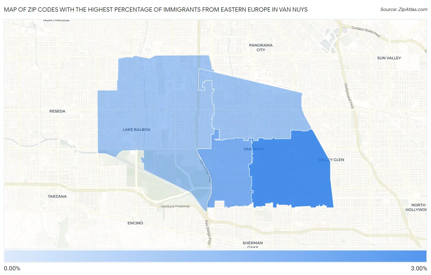 Zip Codes with the Highest Percentage of Immigrants from Eastern Europe in Van Nuys Map