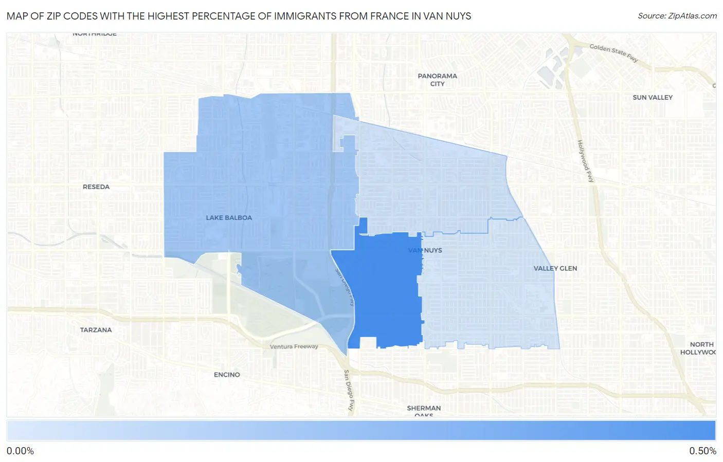 Zip Codes with the Highest Percentage of Immigrants from France in Van Nuys Map