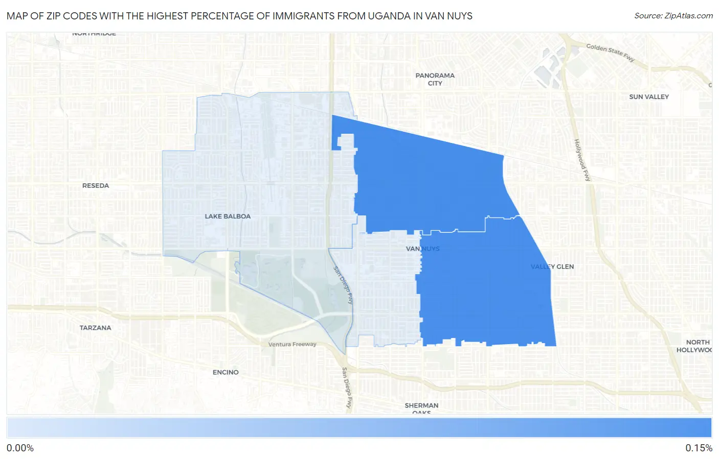 Zip Codes with the Highest Percentage of Immigrants from Uganda in Van Nuys Map