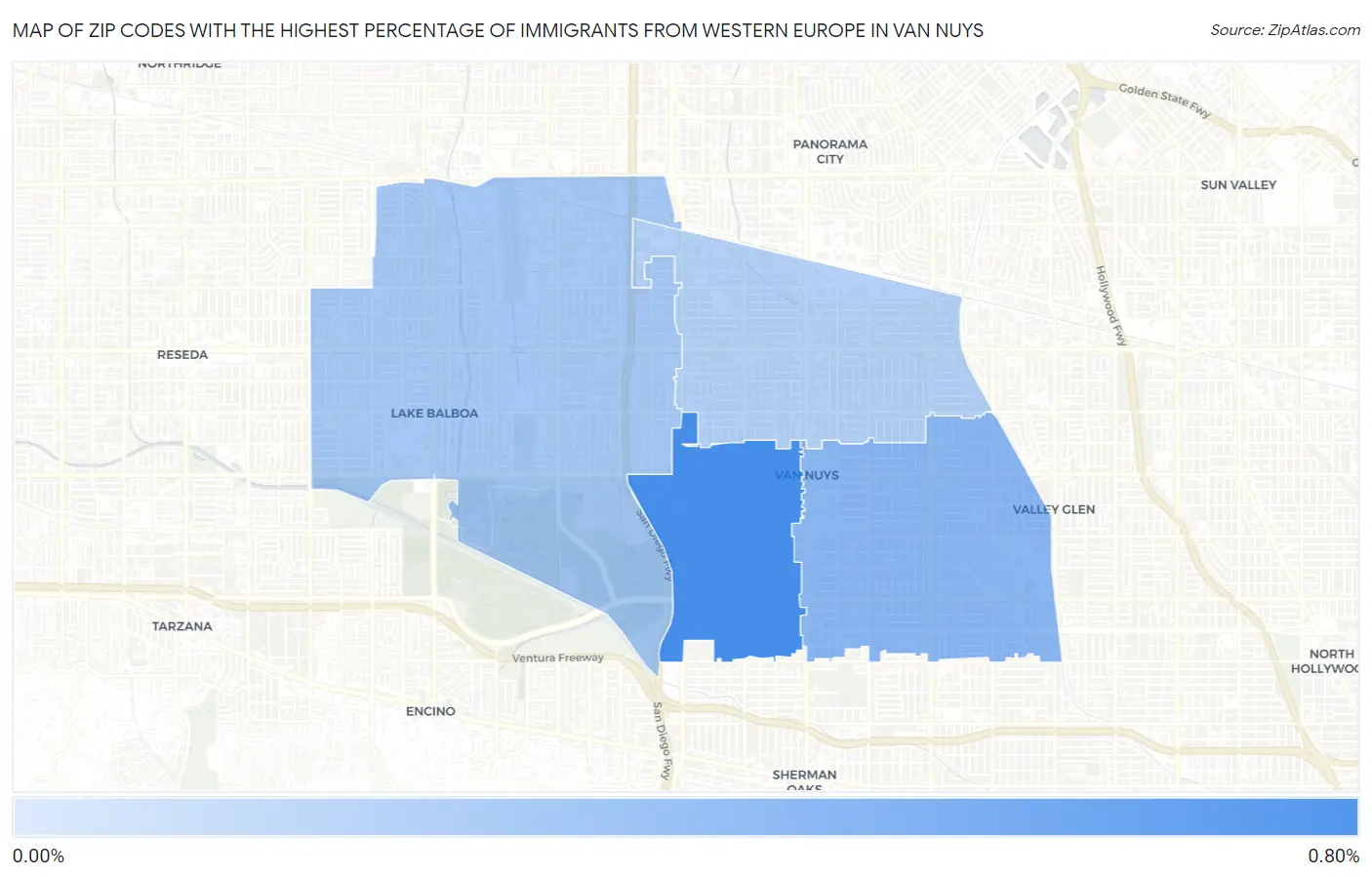 Zip Codes with the Highest Percentage of Immigrants from Western Europe in Van Nuys Map