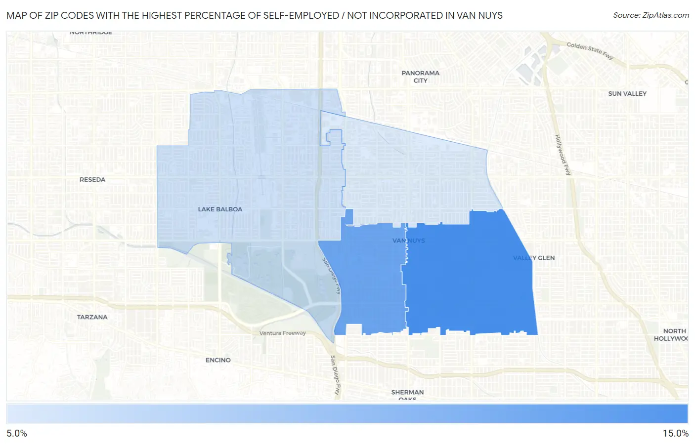Zip Codes with the Highest Percentage of Self-Employed / Not Incorporated in Van Nuys Map