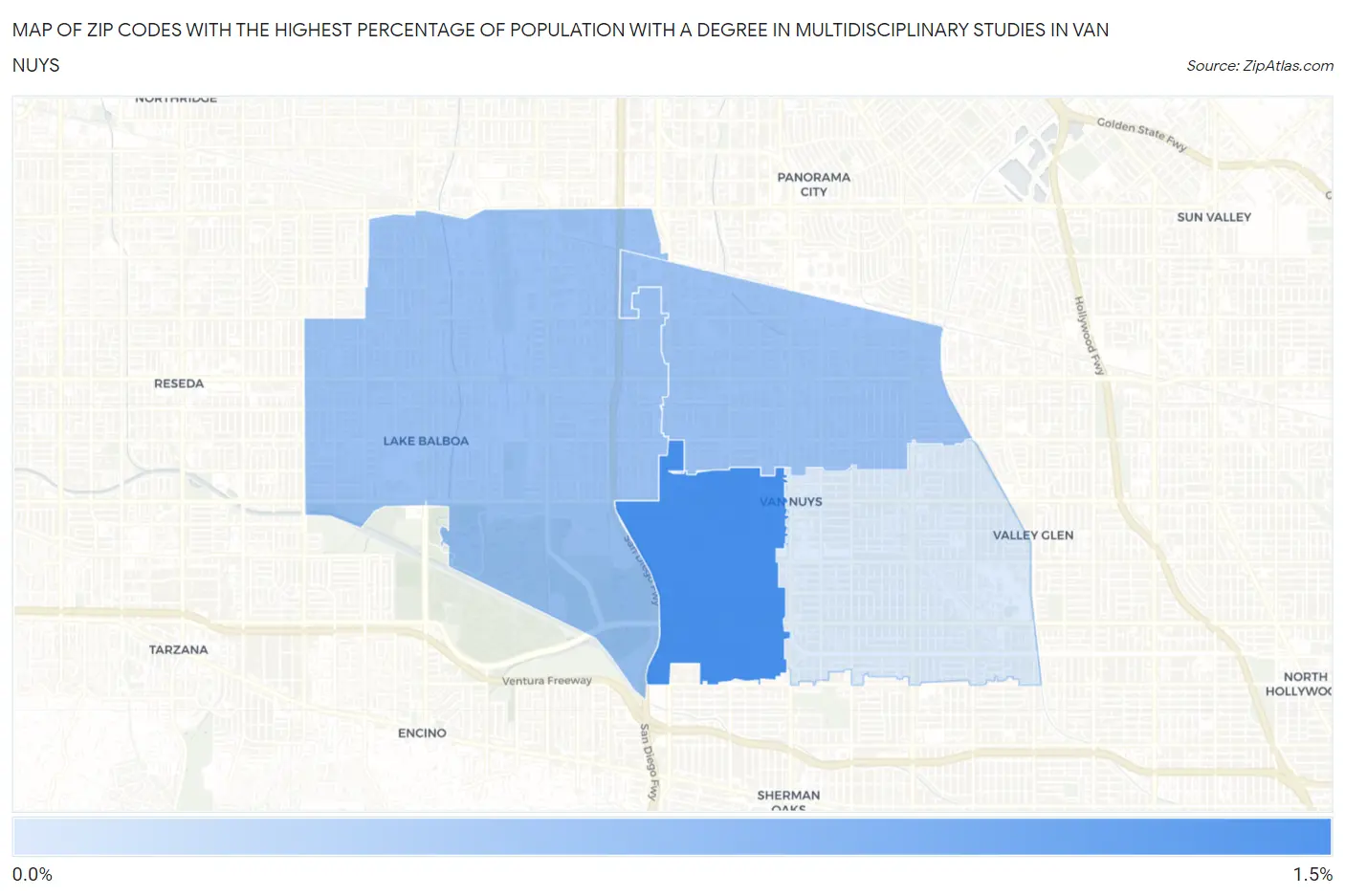 Zip Codes with the Highest Percentage of Population with a Degree in Multidisciplinary Studies in Van Nuys Map