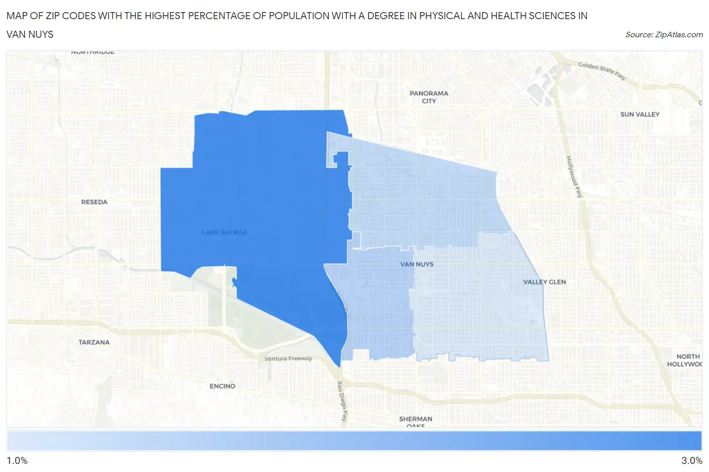 Zip Codes with the Highest Percentage of Population with a Degree in Physical and Health Sciences in Van Nuys Map