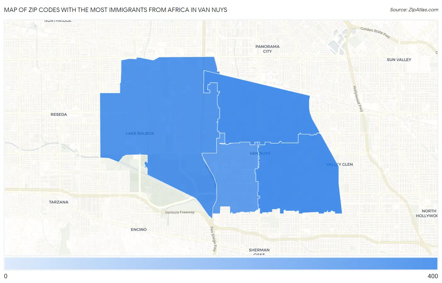 Zip Codes with the Most Immigrants from Africa in Van Nuys Map