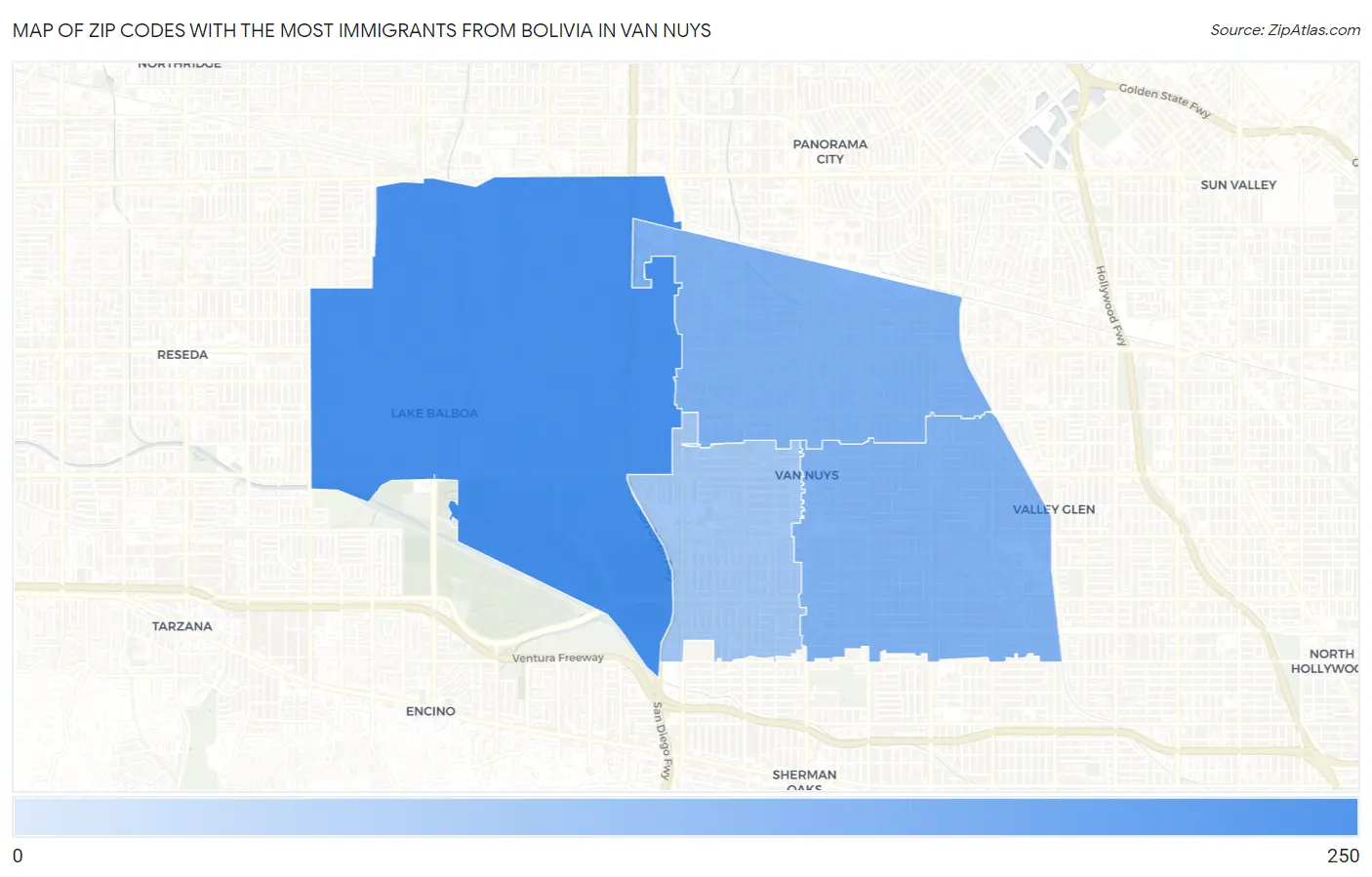 Zip Codes with the Most Immigrants from Bolivia in Van Nuys Map