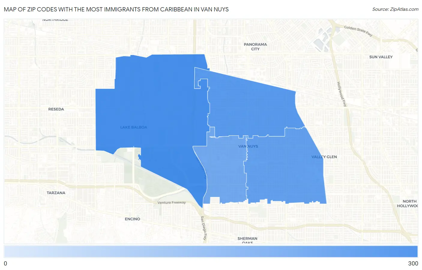 Zip Codes with the Most Immigrants from Caribbean in Van Nuys Map