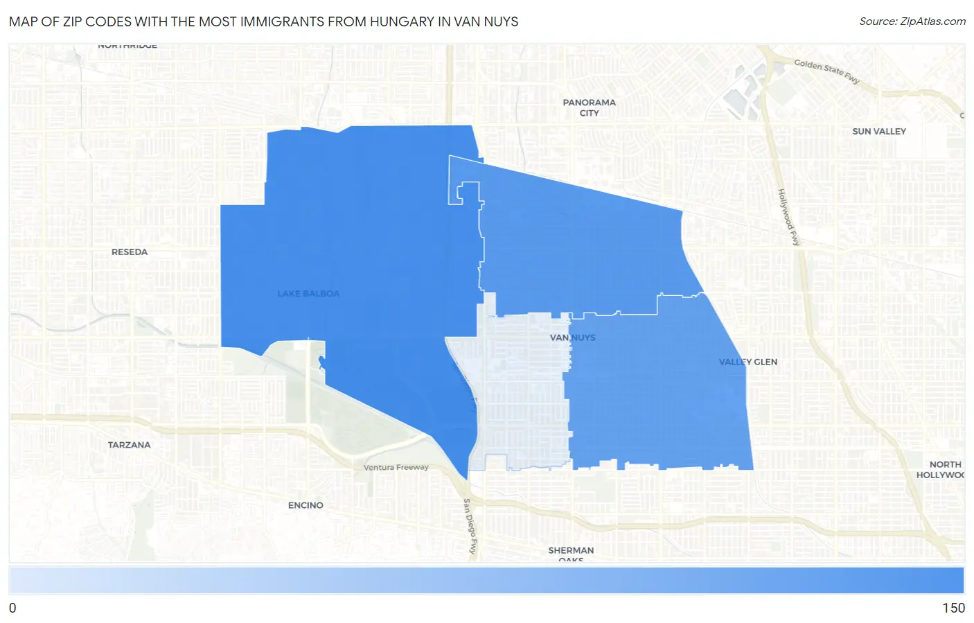 Zip Codes with the Most Immigrants from Hungary in Van Nuys Map