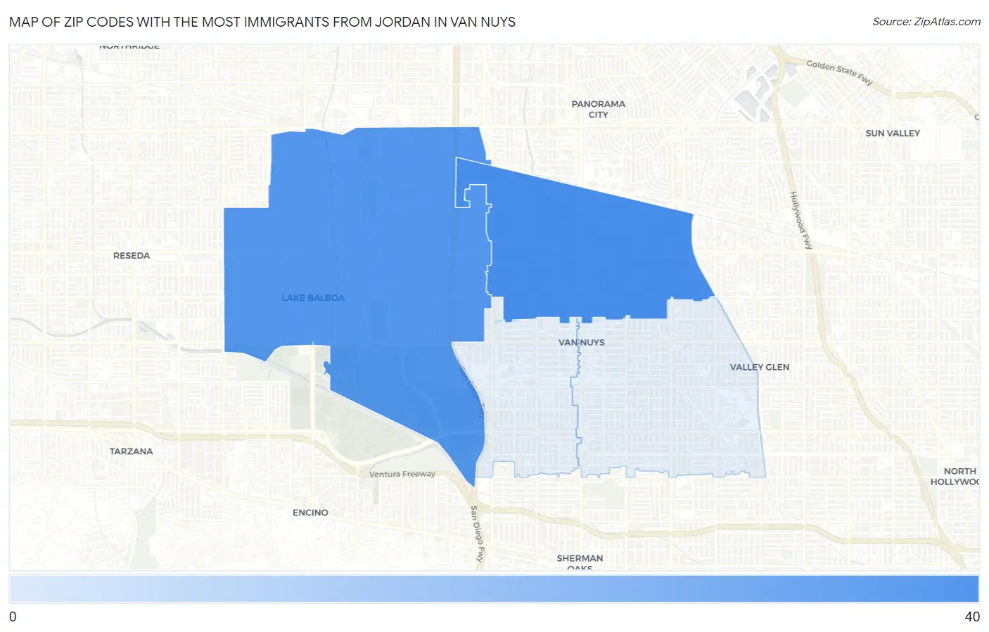 Zip Codes with the Most Immigrants from Jordan in Van Nuys Map