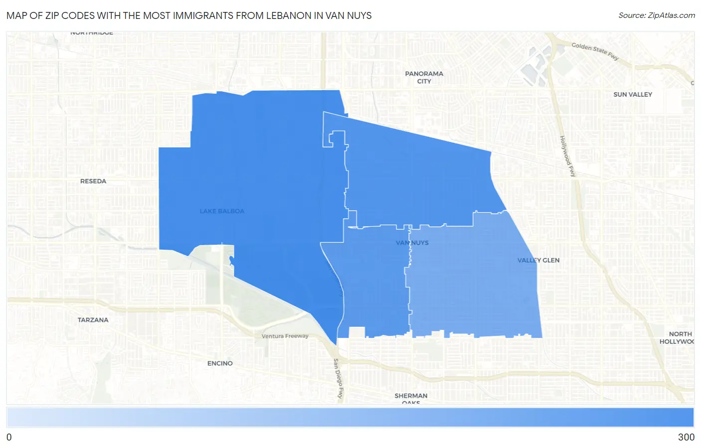 Zip Codes with the Most Immigrants from Lebanon in Van Nuys Map