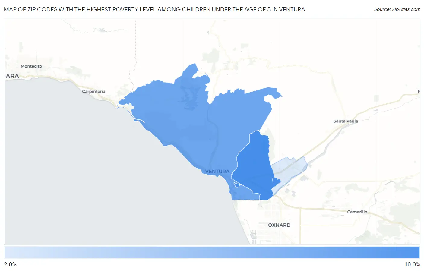 Zip Codes with the Highest Poverty Level Among Children Under the Age of 5 in Ventura Map