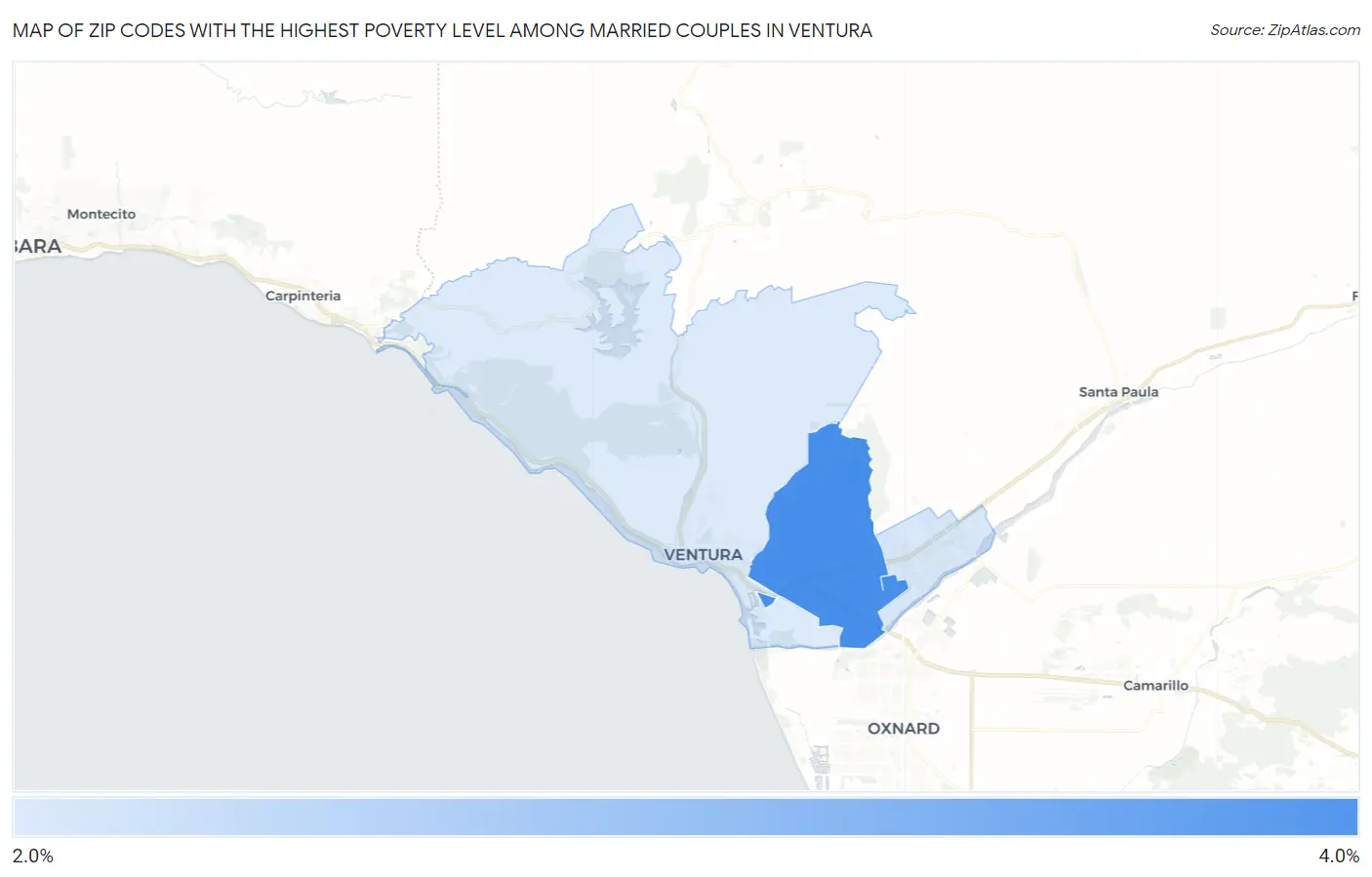 Zip Codes with the Highest Poverty Level Among Married Couples in Ventura Map