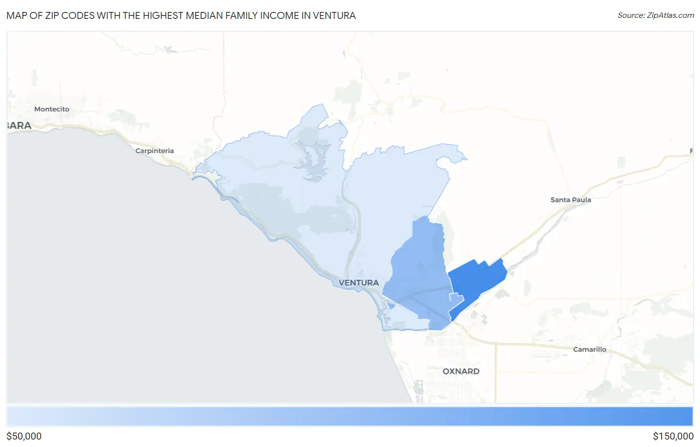 Zip Codes with the Highest Median Family Income in Ventura Map