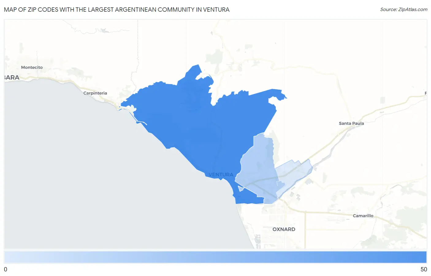 Zip Codes with the Largest Argentinean Community in Ventura Map