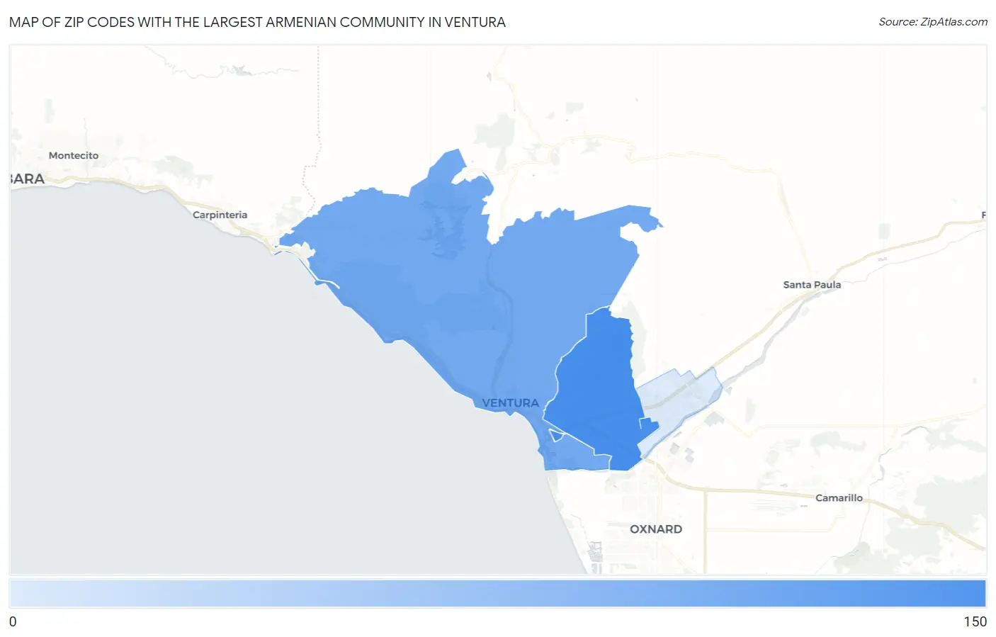 Zip Codes with the Largest Armenian Community in Ventura Map