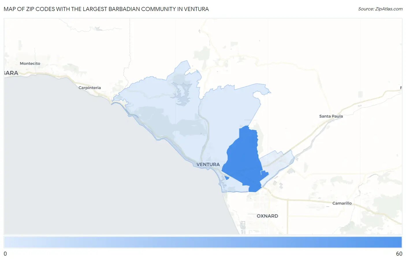 Zip Codes with the Largest Barbadian Community in Ventura Map
