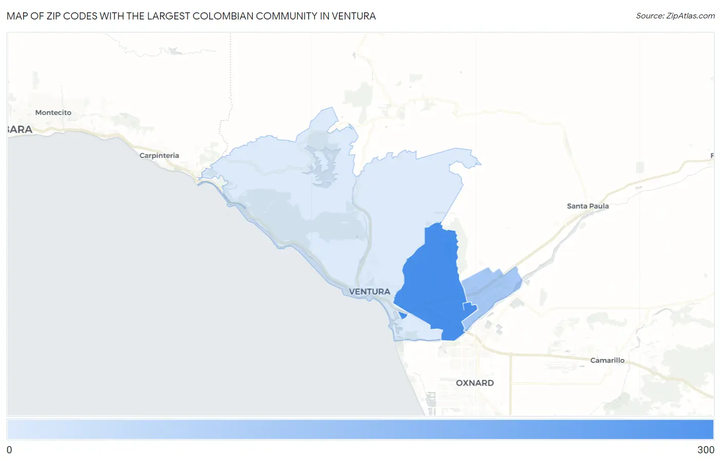 Zip Codes with the Largest Colombian Community in Ventura Map