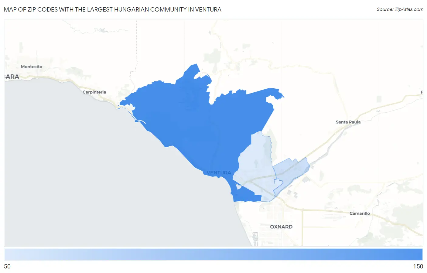 Zip Codes with the Largest Hungarian Community in Ventura Map