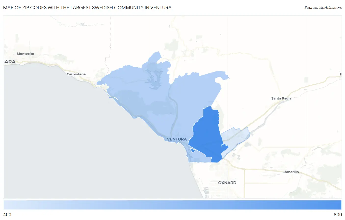 Zip Codes with the Largest Swedish Community in Ventura Map