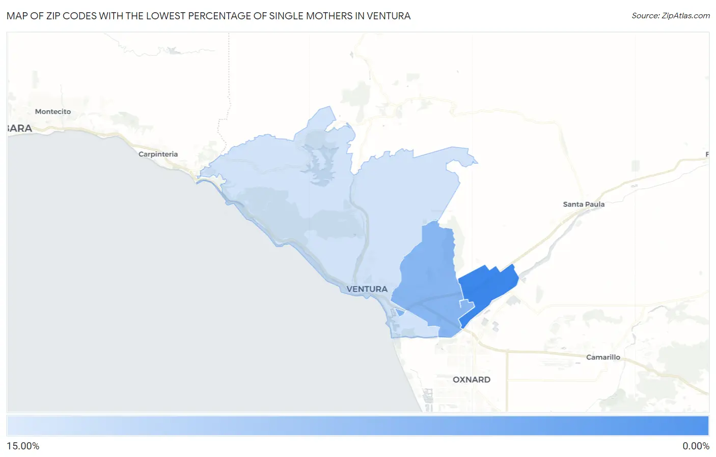Zip Codes with the Lowest Percentage of Single Mothers in Ventura Map