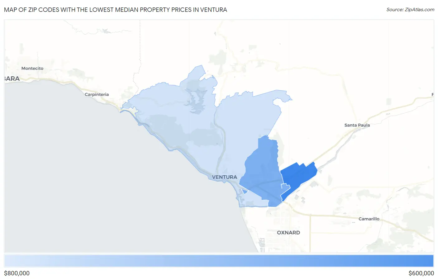 Zip Codes with the Lowest Median Property Prices in Ventura Map