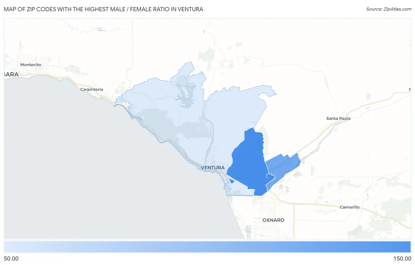 Zip Codes with the Highest Male / Female Ratio in Ventura Map