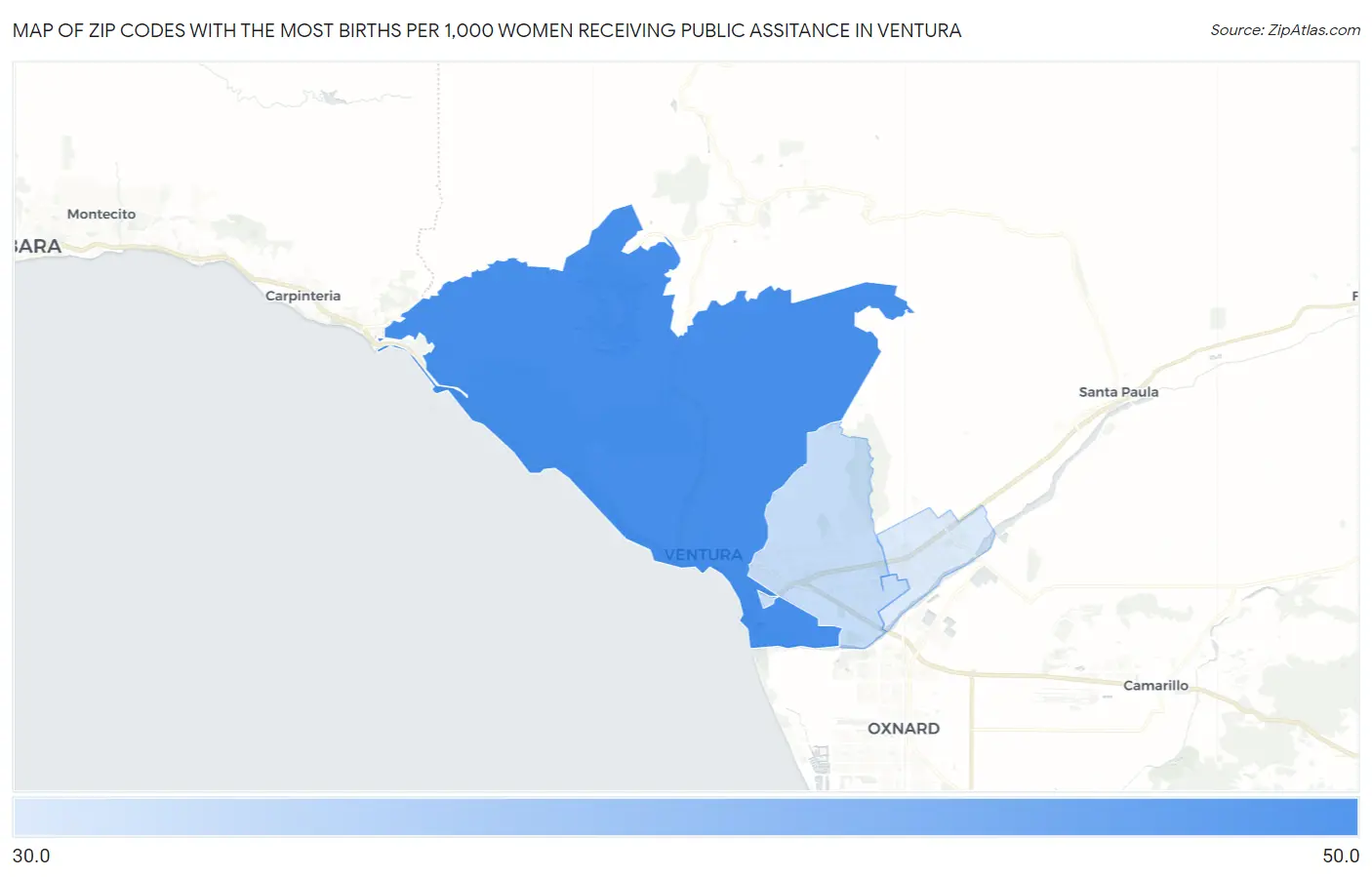 Zip Codes with the Most Births per 1,000 Women Receiving Public Assitance in Ventura Map