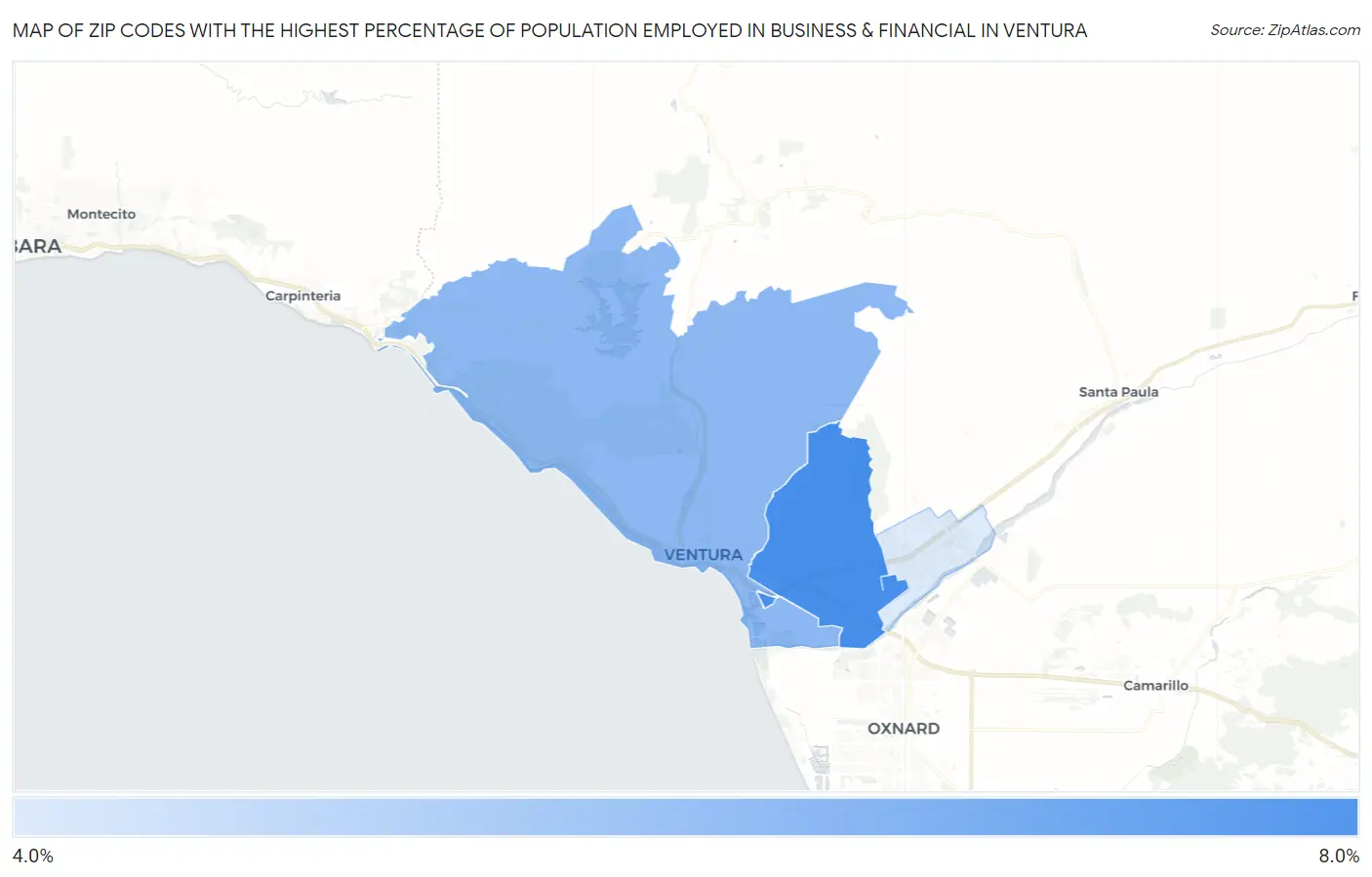 Zip Codes with the Highest Percentage of Population Employed in Business & Financial in Ventura Map