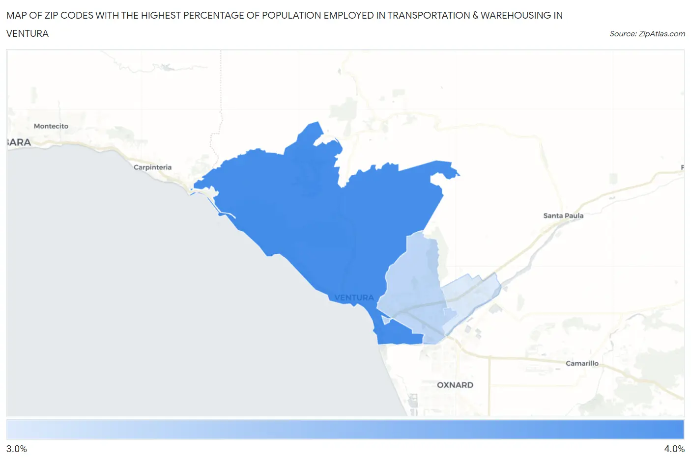 Zip Codes with the Highest Percentage of Population Employed in Transportation & Warehousing in Ventura Map