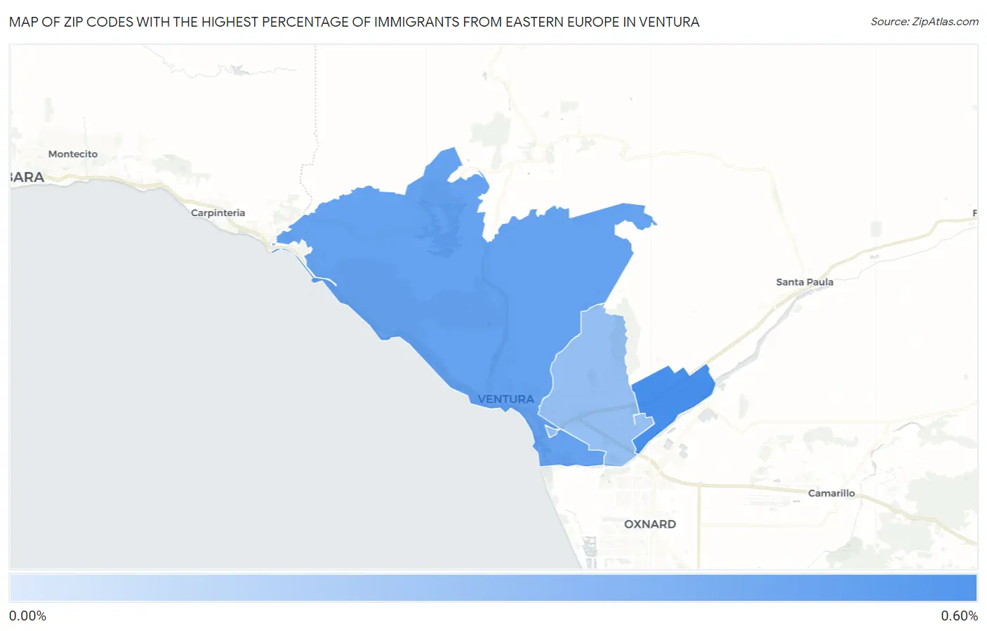 Zip Codes with the Highest Percentage of Immigrants from Eastern Europe in Ventura Map
