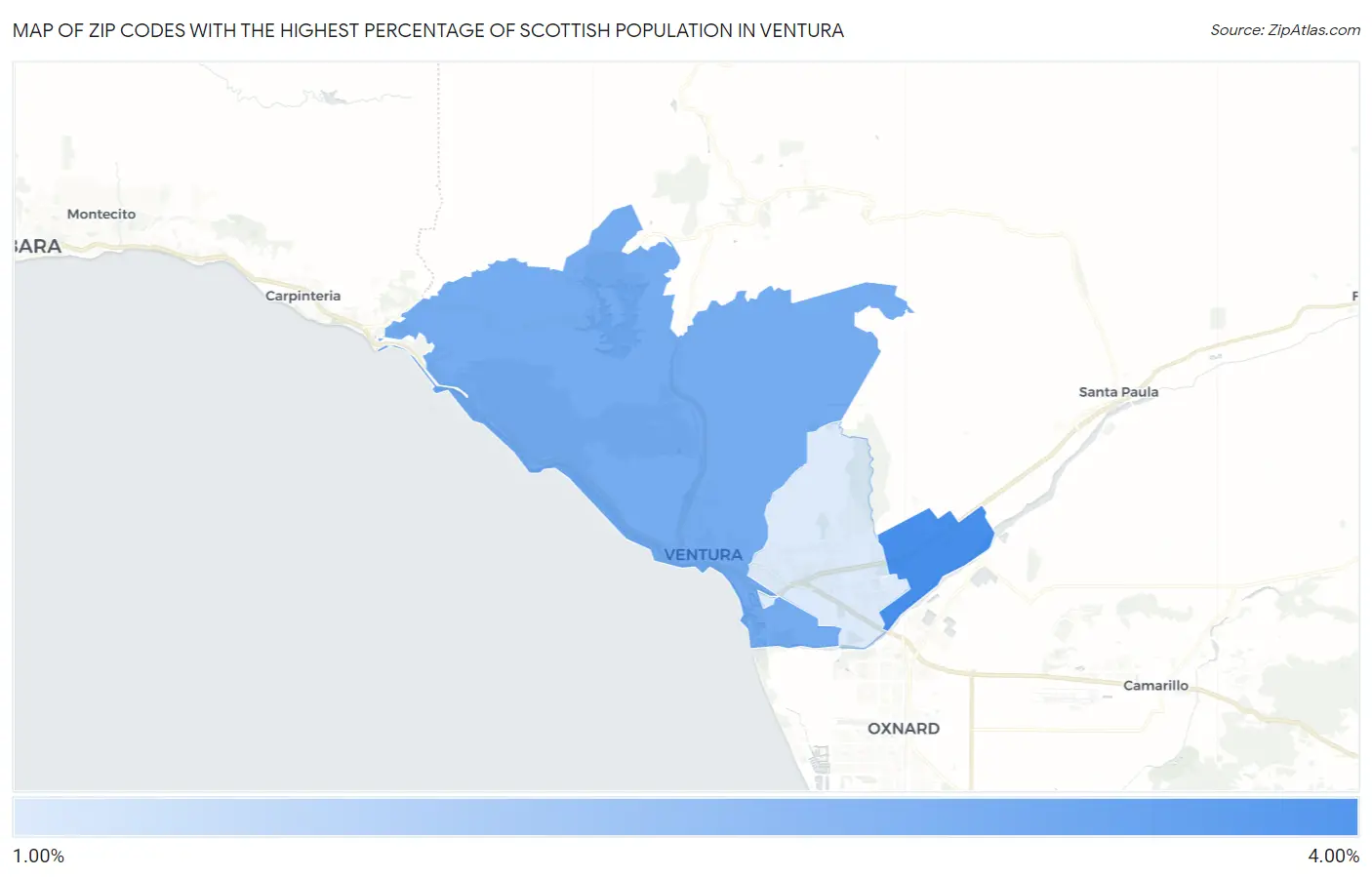 Zip Codes with the Highest Percentage of Scottish Population in Ventura Map