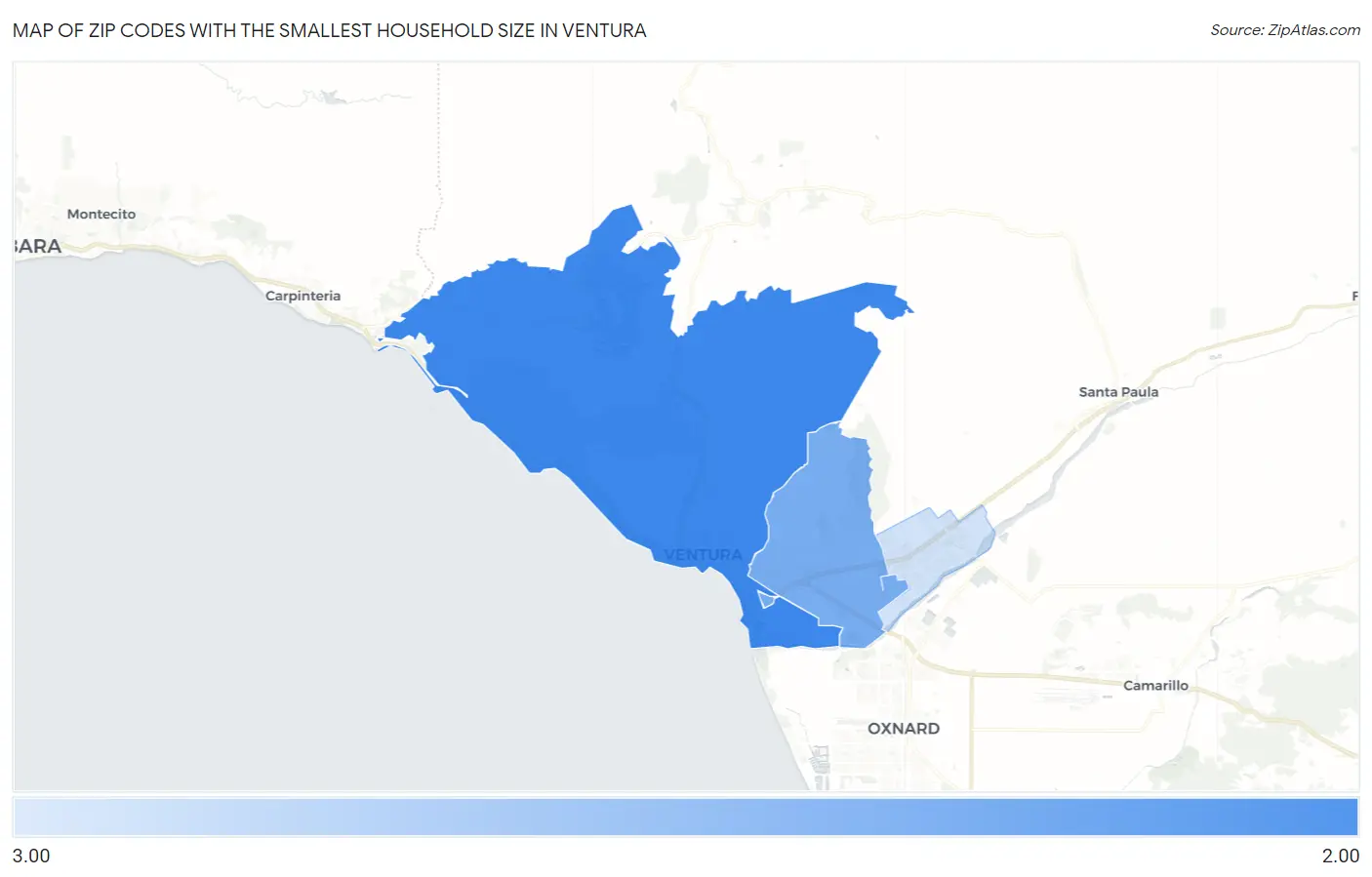 Zip Codes with the Smallest Household Size in Ventura Map