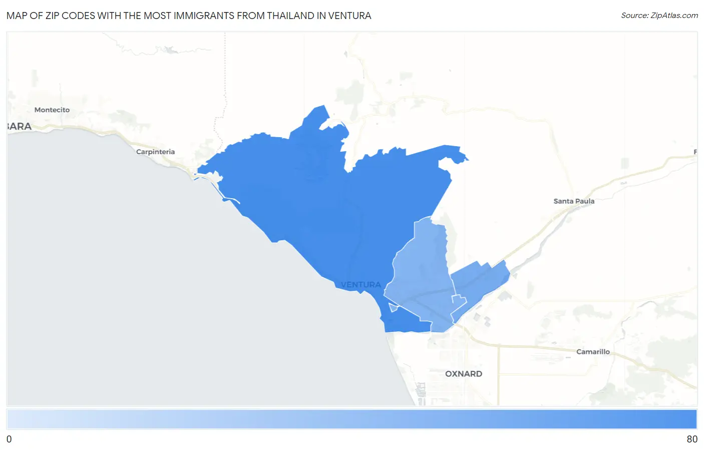 Zip Codes with the Most Immigrants from Thailand in Ventura Map