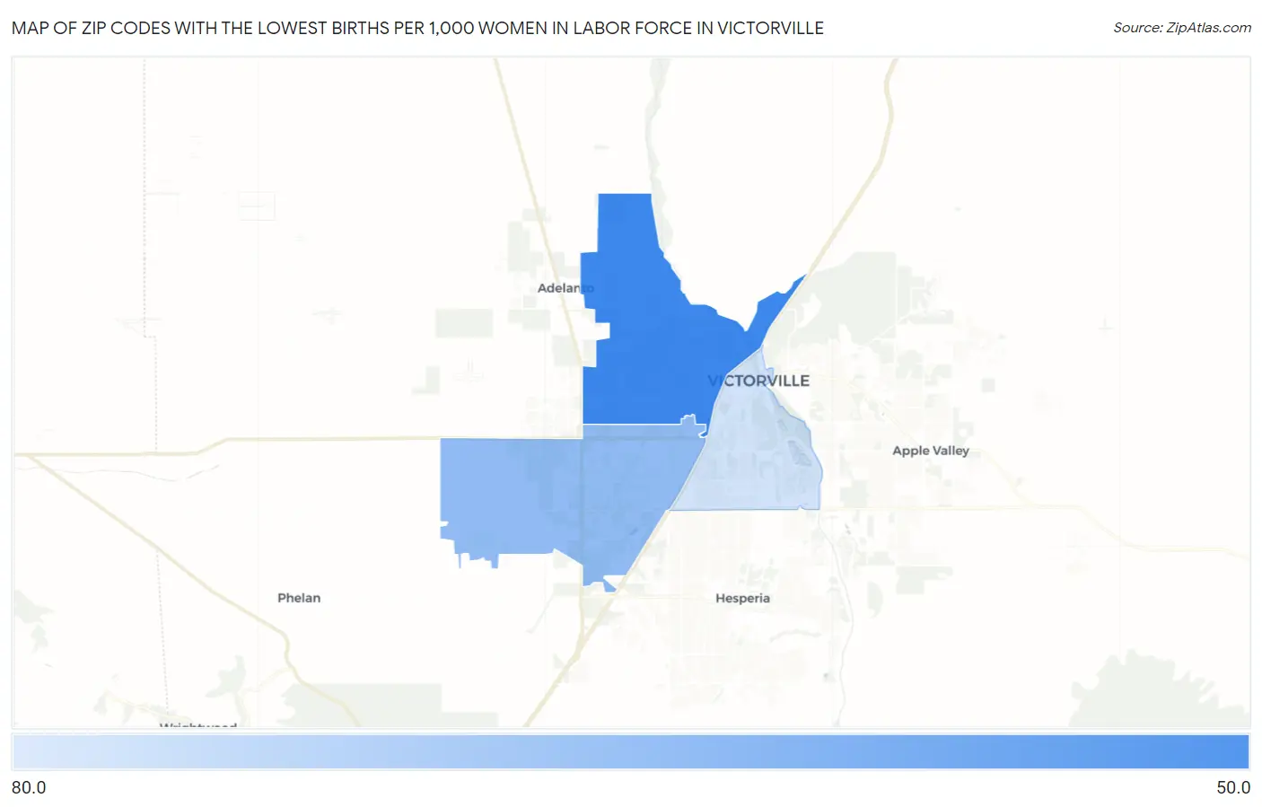 Zip Codes with the Lowest Births per 1,000 Women in Labor Force in Victorville Map