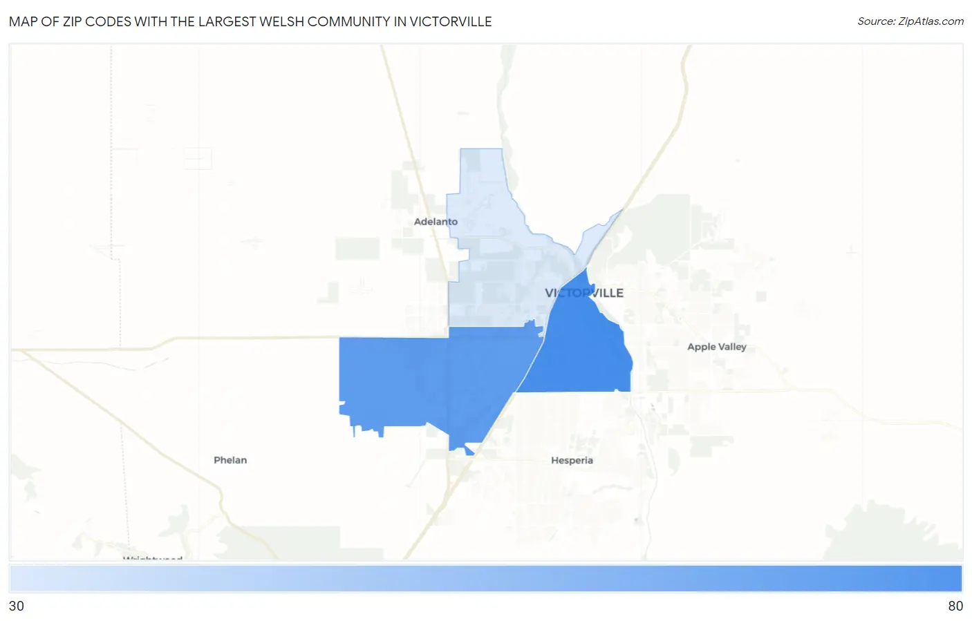 Zip Codes with the Largest Welsh Community in Victorville Map