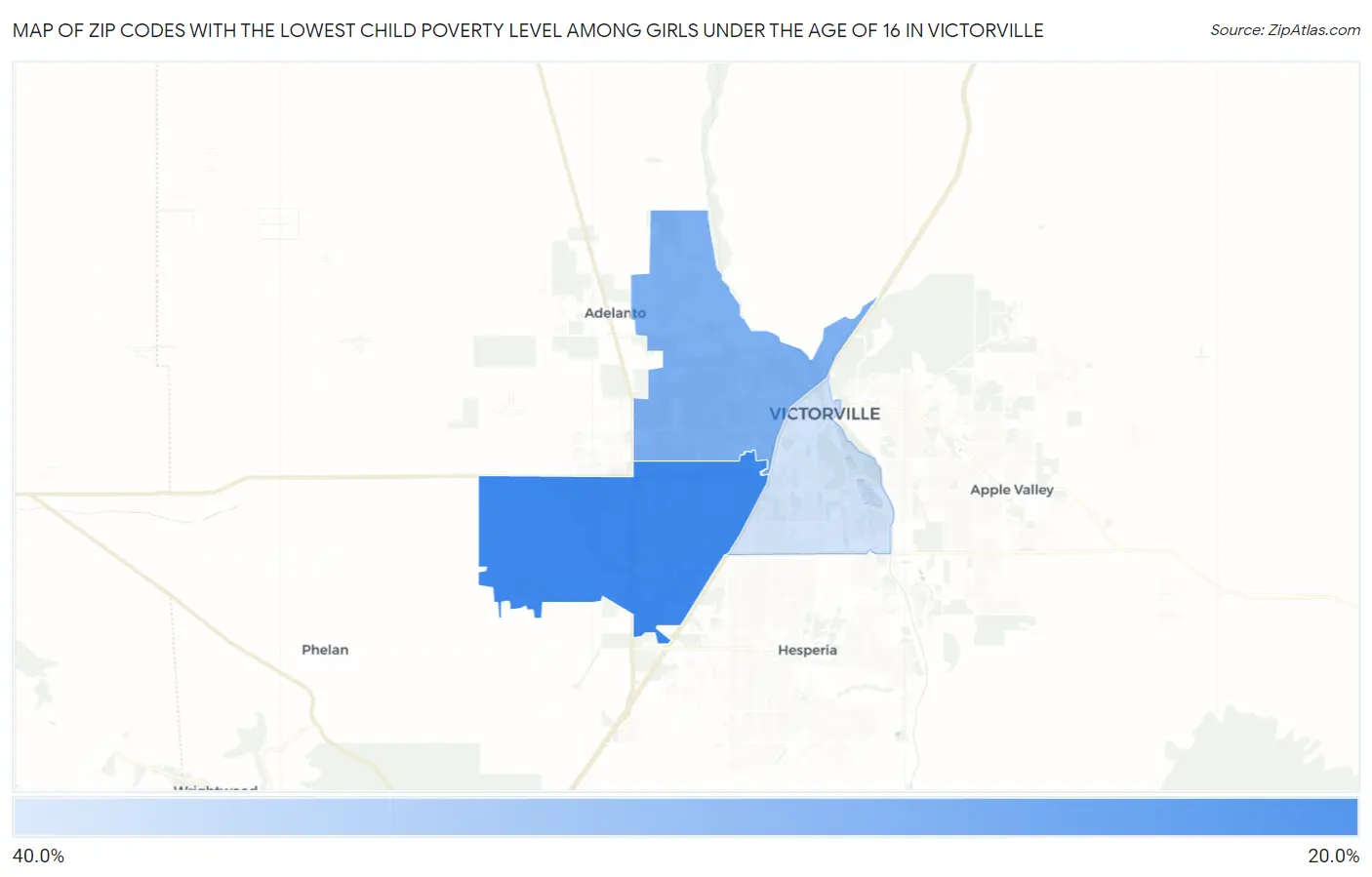Zip Codes with the Lowest Child Poverty Level Among Girls Under the Age of 16 in Victorville Map